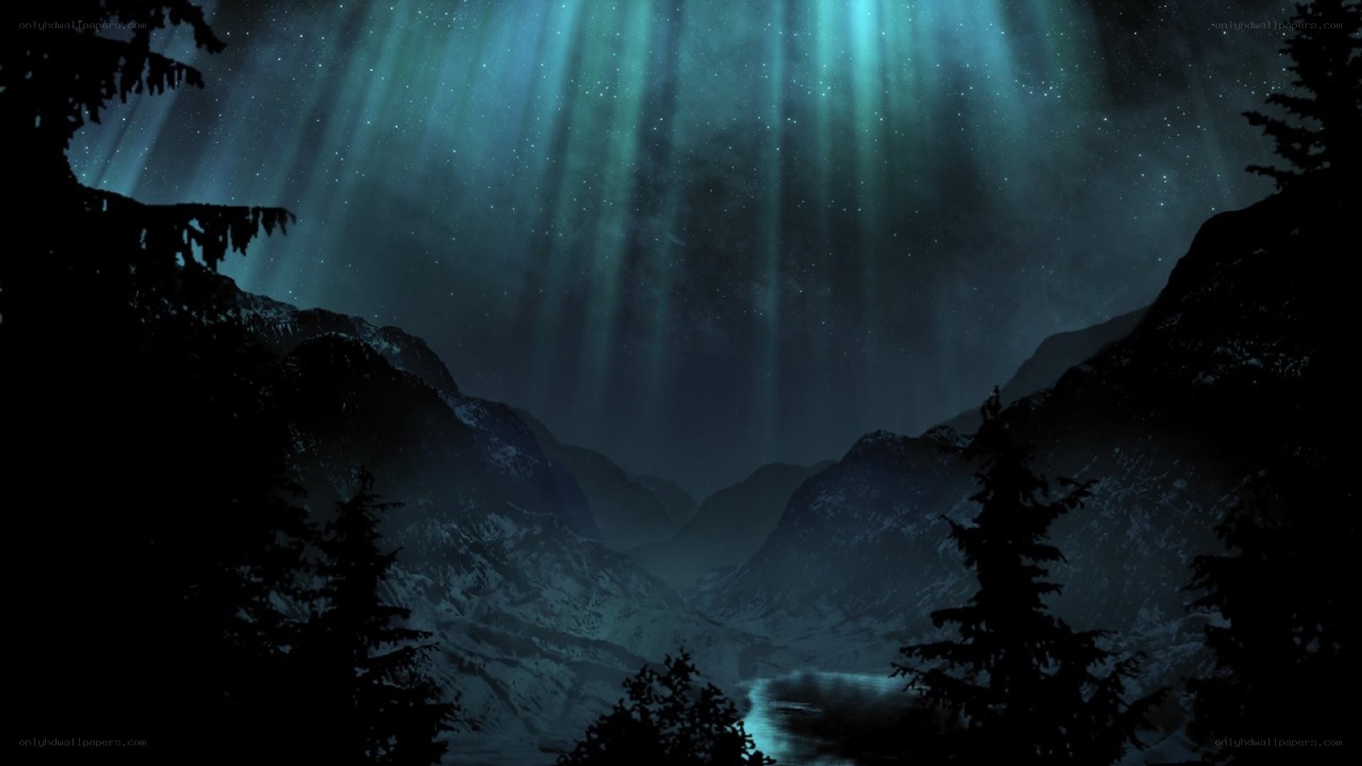 Aurora over a mountain valley