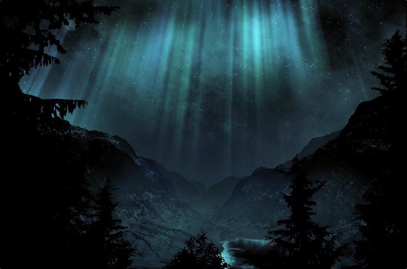 Aurora over a mountain valley