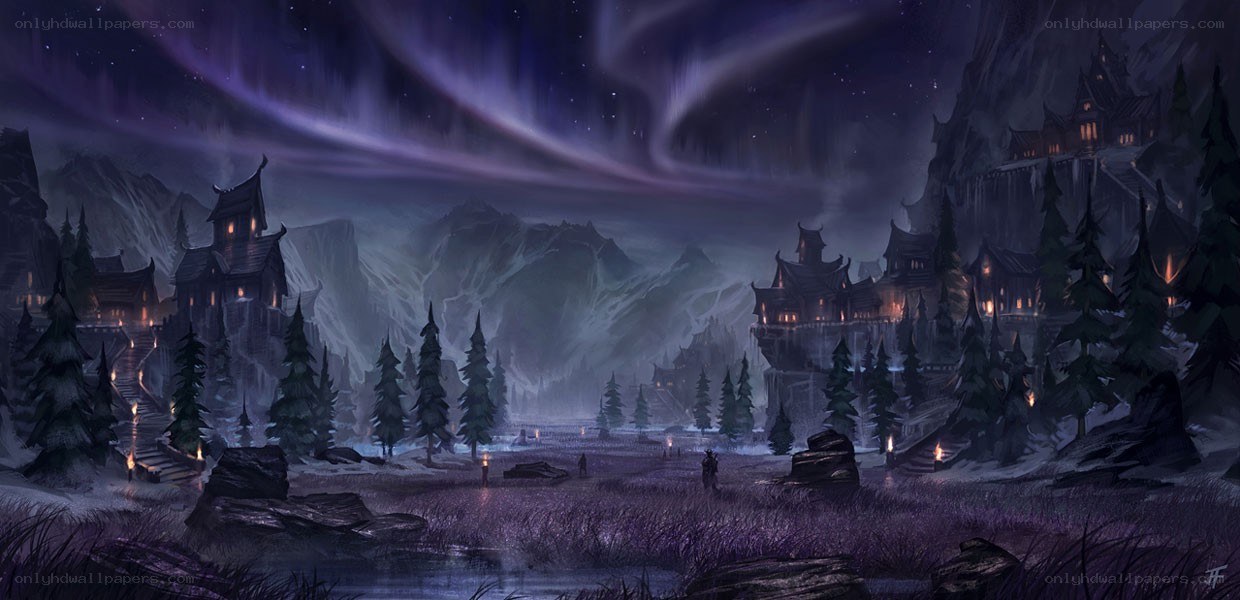 Aurora over a mountain village