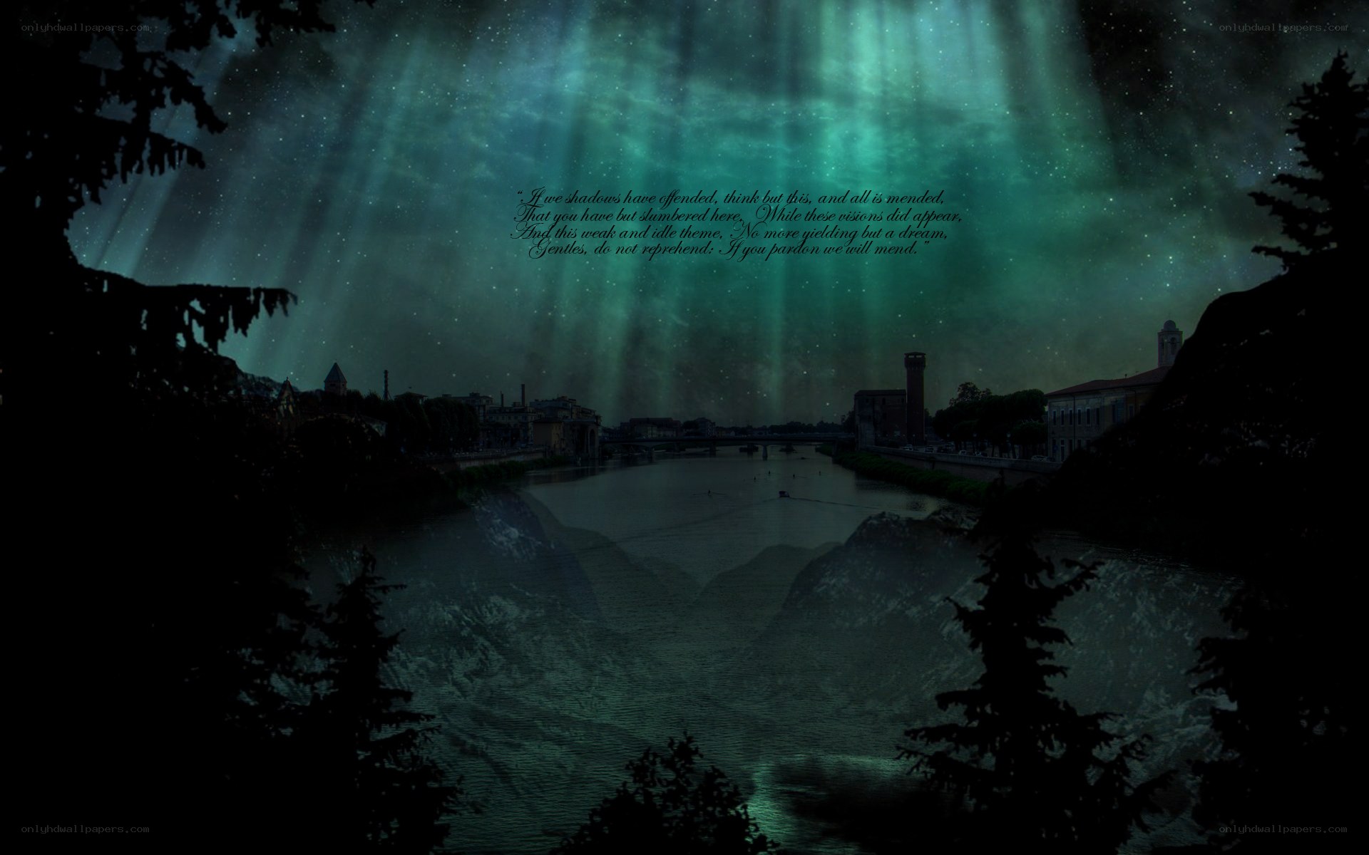Aurora over a river city