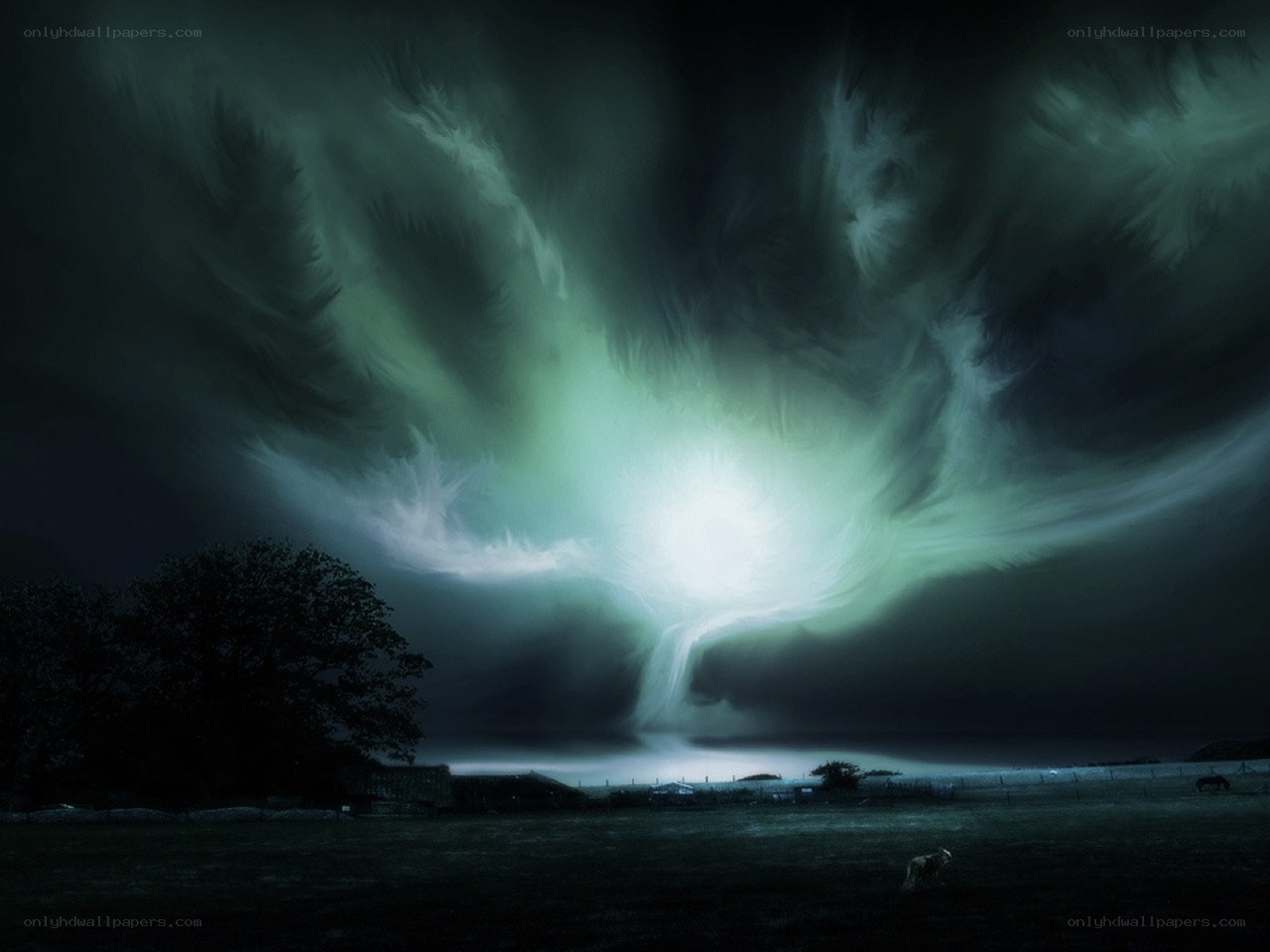 Aurora over a rural landscape