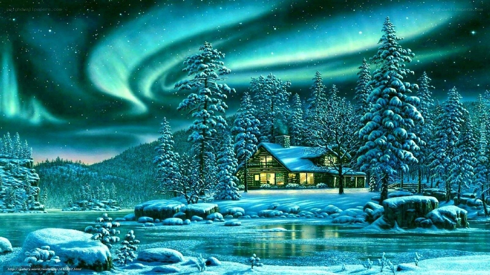 Aurora over a snowy cabin