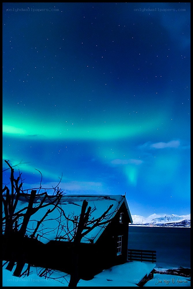 Aurora over a snowy cabin