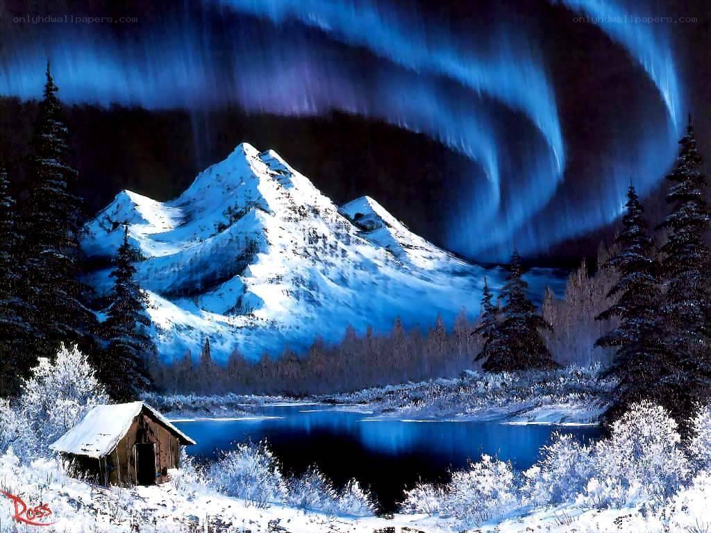 Aurora over a snowy cabin