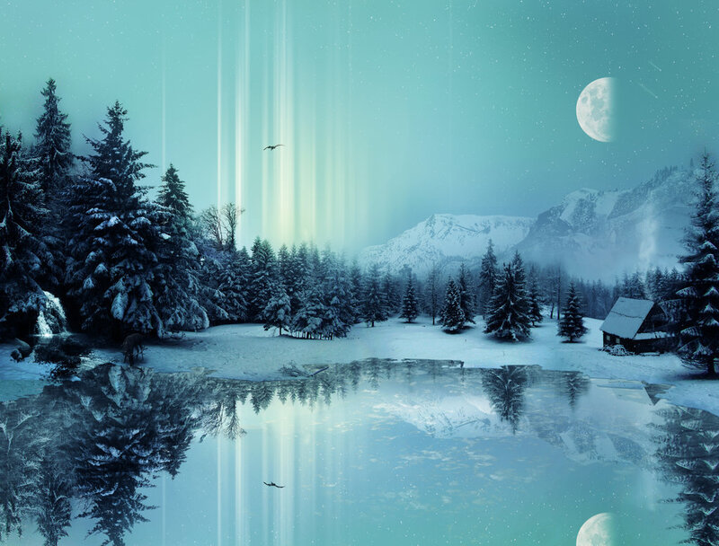 Aurora over a snowy lake
