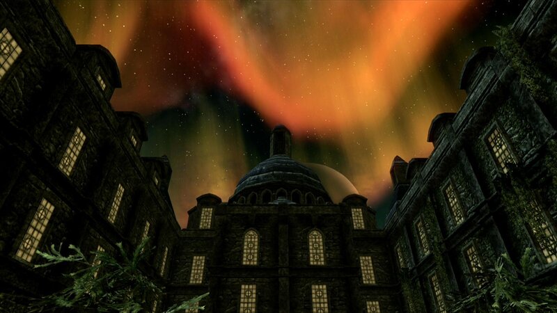 Aurora over a stone cathedral