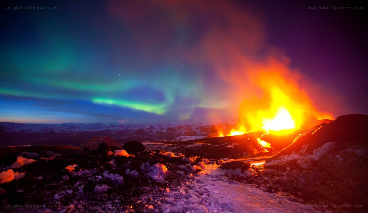 Aurora over a volcanic eruption