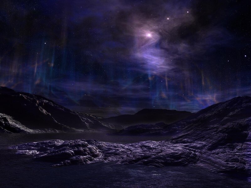 Aurora over alien landscape