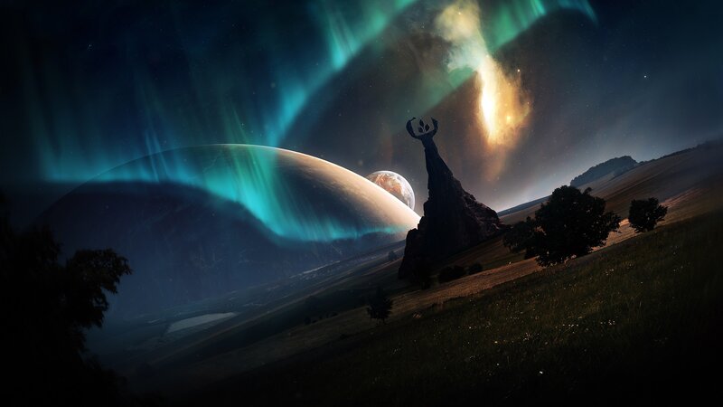 Aurora over alien landscape
