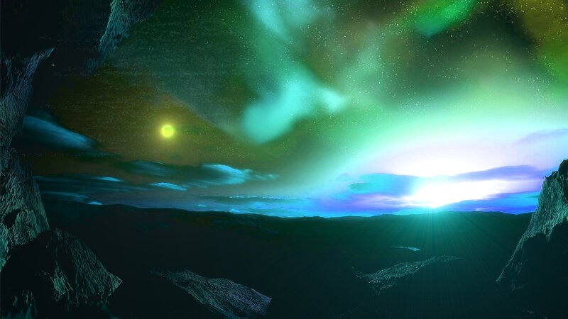aurora over alien landscape
