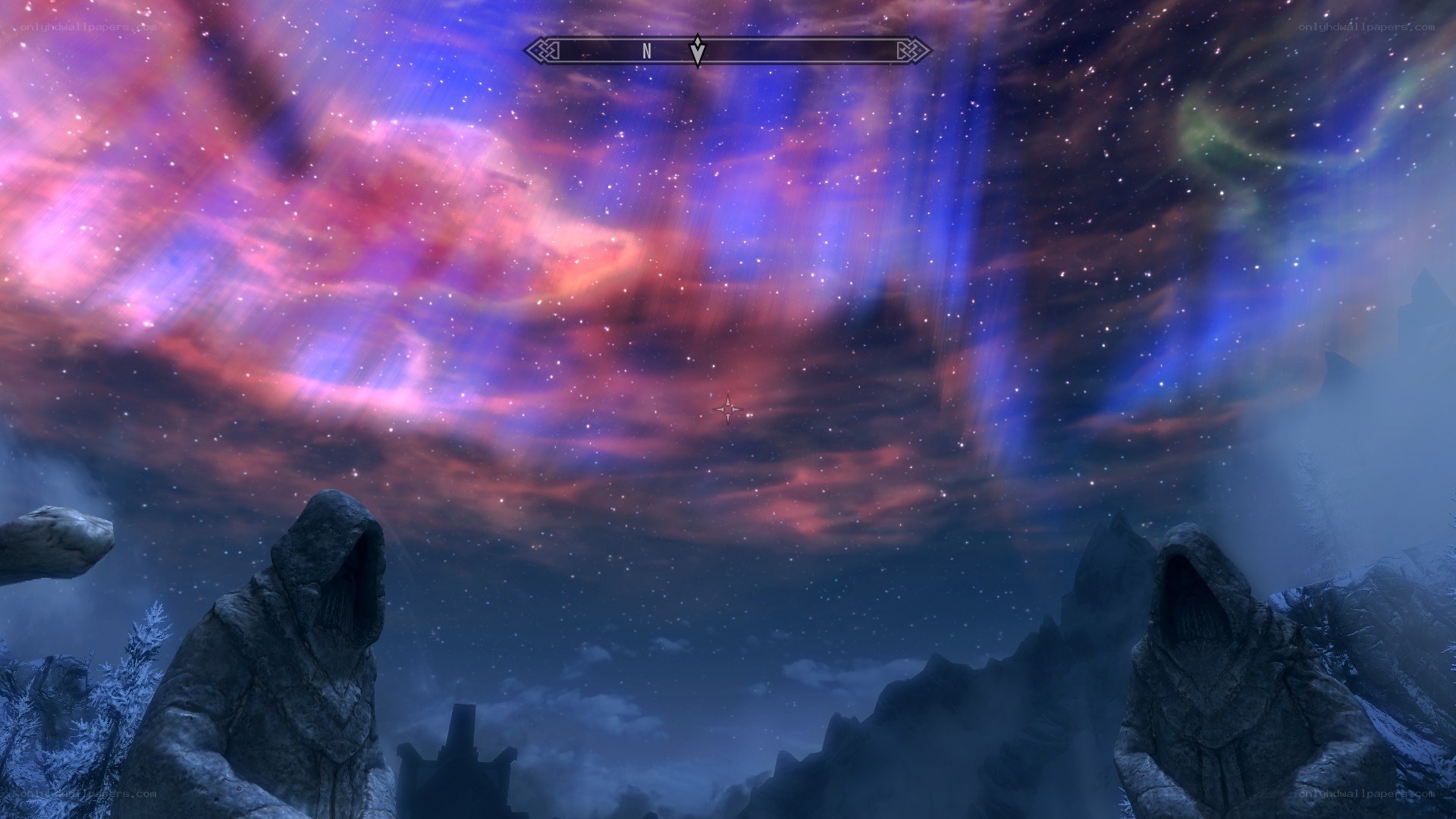 aurora over ancient statues