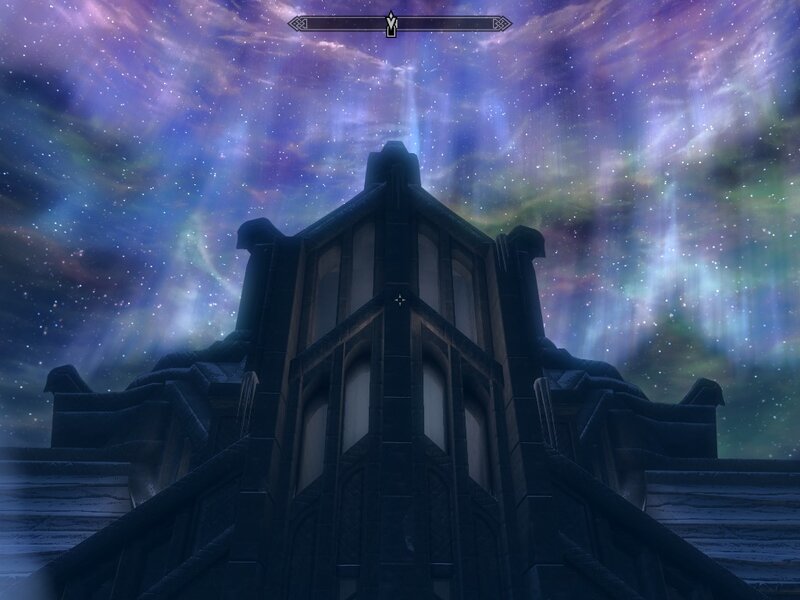 aurora over ancient tower