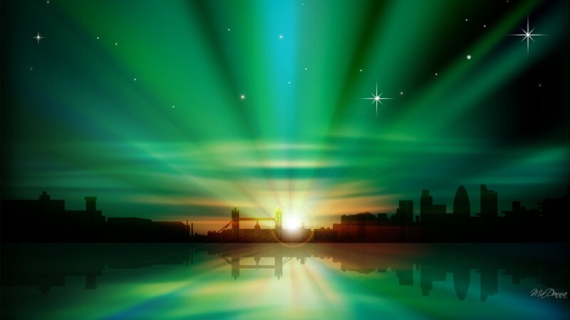 Aurora over City Skyline — Green