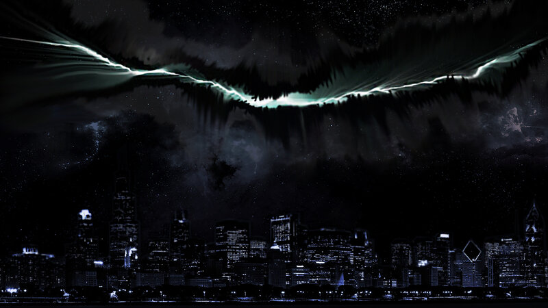 aurora over city skyline