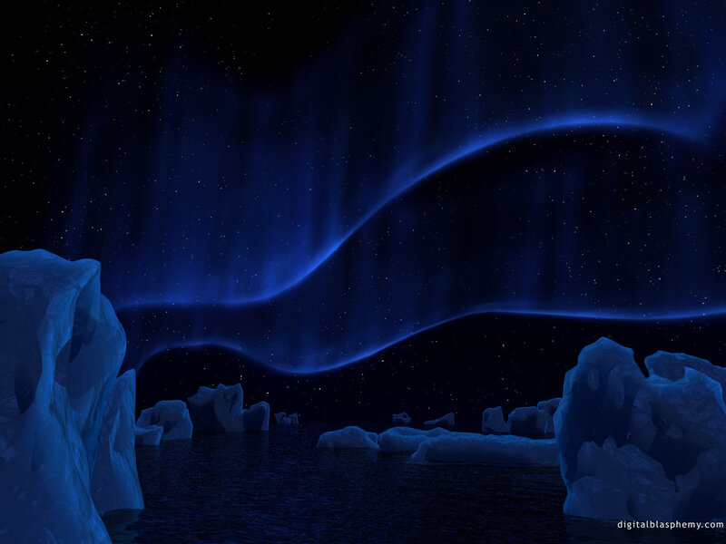 Aurora over icebergs