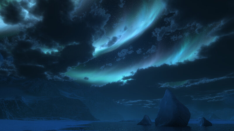 Aurora over Icebergs — Blue, Dramatic, Night, Digital Art
