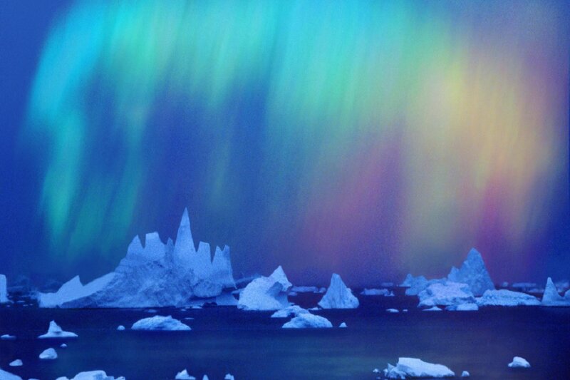 Aurora over Icebergs — Blue, Dramatic, Night, Photograph