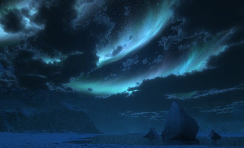 Aurora over Icebergs — Blue, Dramatic