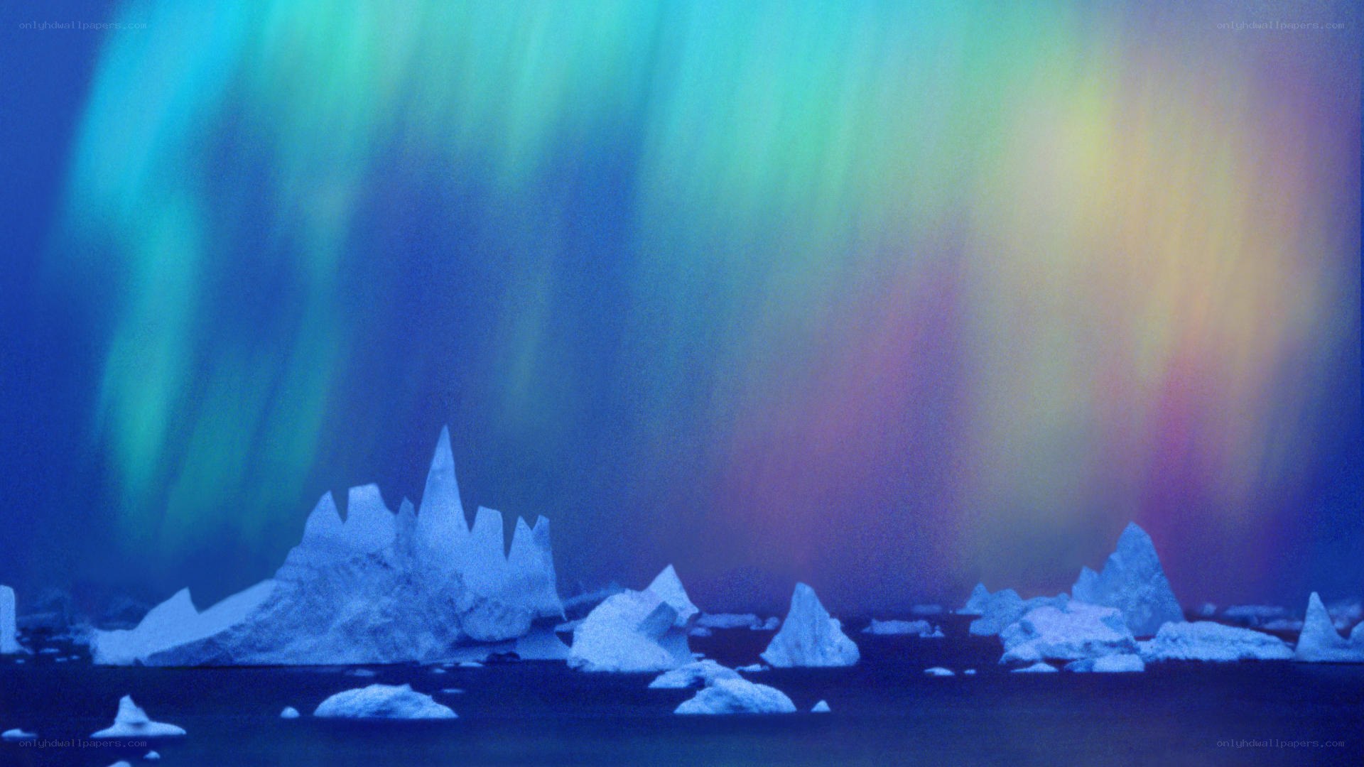 Aurora over icebergs