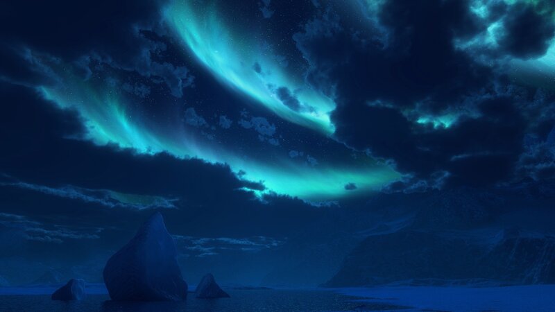 Aurora over icy landscape