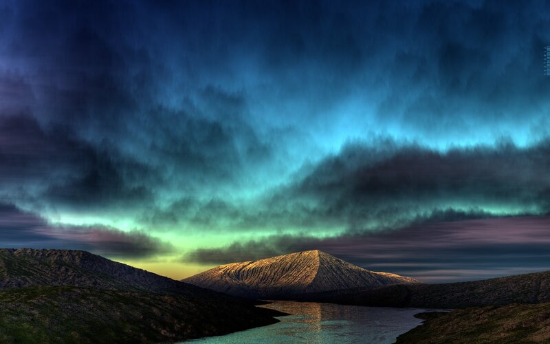 Aurora over mountain lake