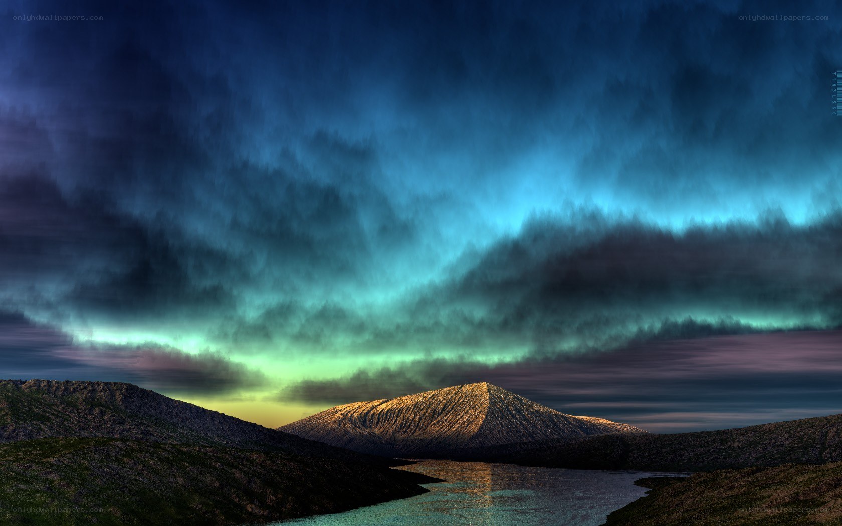 Aurora over mountain lake
