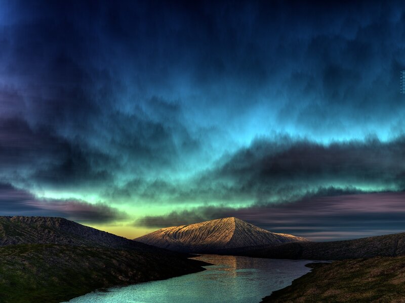 Aurora over mountain lake