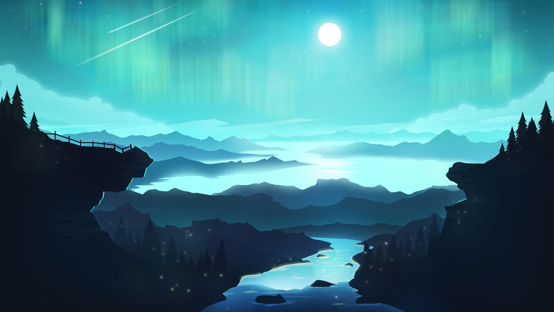 Aurora over Mountain Valley — Blue, Serene