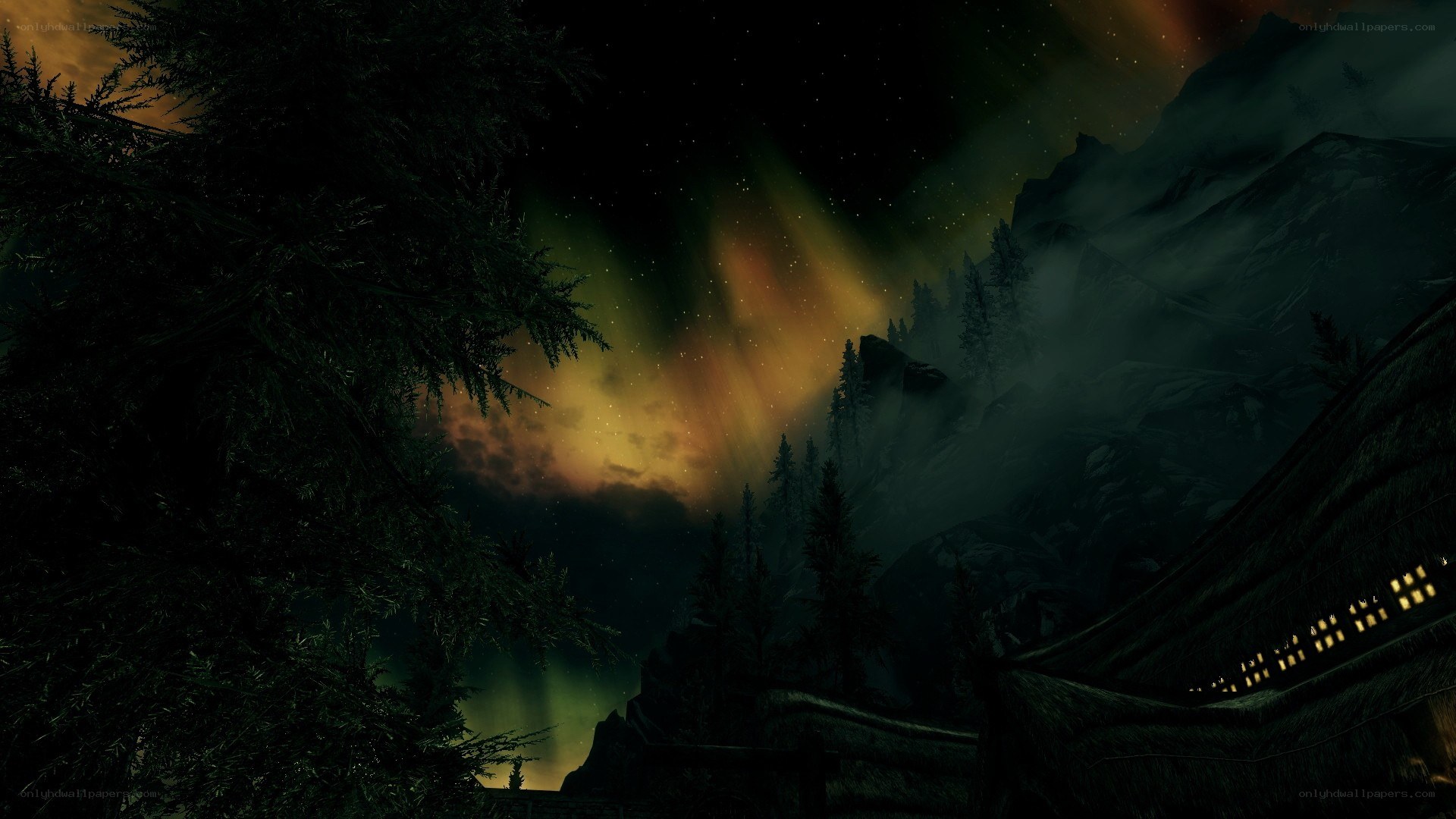 aurora over mountain village