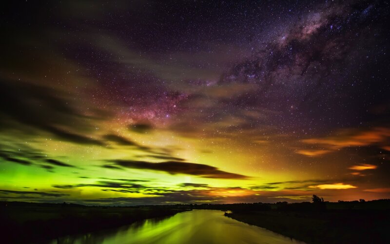 Aurora over River — Green, Dramatic