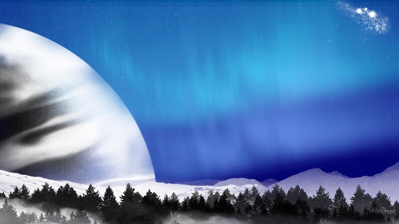 Aurora over snowy landscape