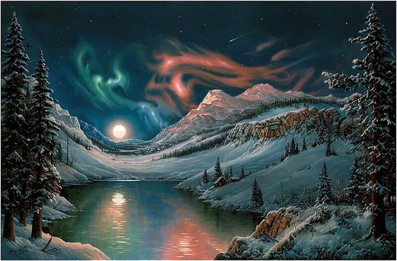 Aurora over Snowy Mountains — Blue, Serene, Night