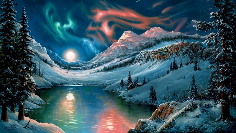 Aurora over Snowy Mountains — Blue, Serene