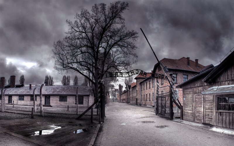 Auschwitz Concentration Camp — Gray, Dramatic, Winter, Photograph, Gate, Buildings, Tree