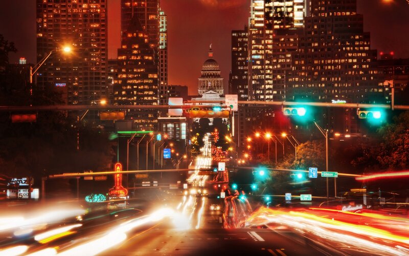 Austin City Skyline at Night — Red