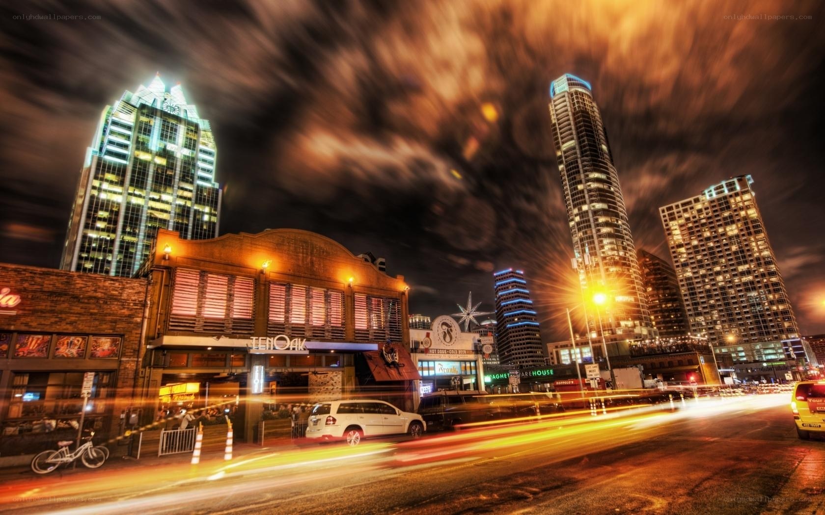 Austin night skyline with light trails