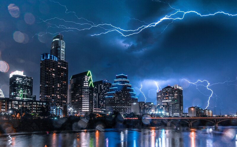 Austin Skyline at Night — Blue, Dramatic, Photograph, Lightning