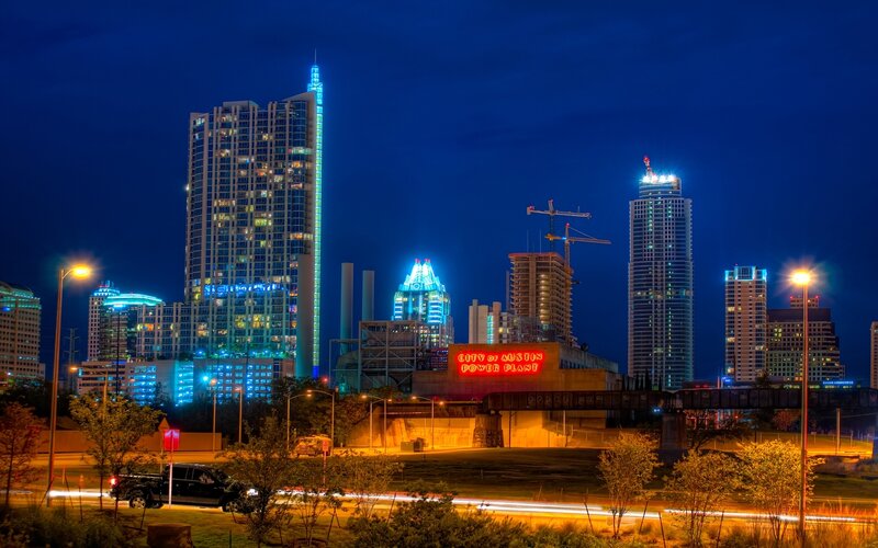 Austin Skyline at Night — Blue, Dramatic