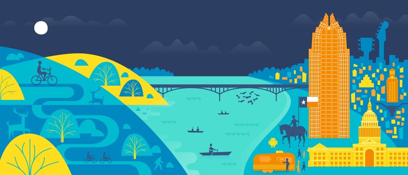 Austin Skyline at Night — Blue, Serene, Illustration
