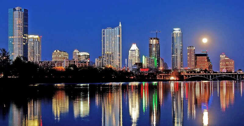 Austin Skyline at Night — Blue, Serene, Photograph