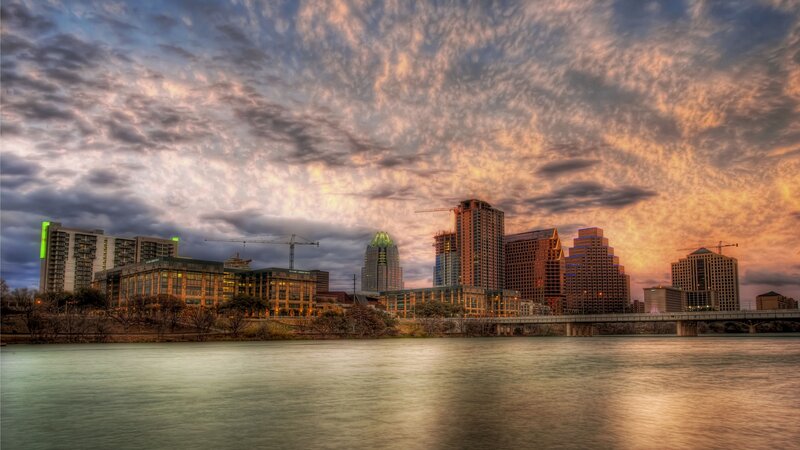 Austin Skyline at Sunset — Orange, Dramatic, Photograph