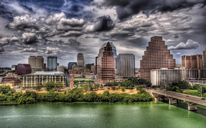 Austin skyline under stormy sky