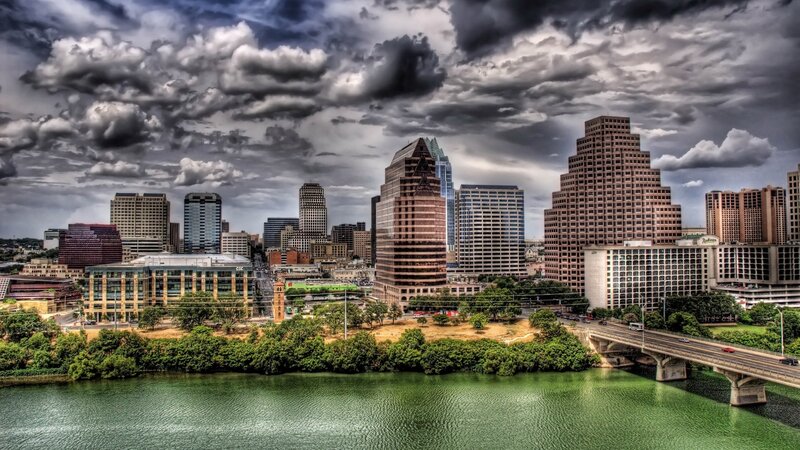Austin skyline under stormy sky