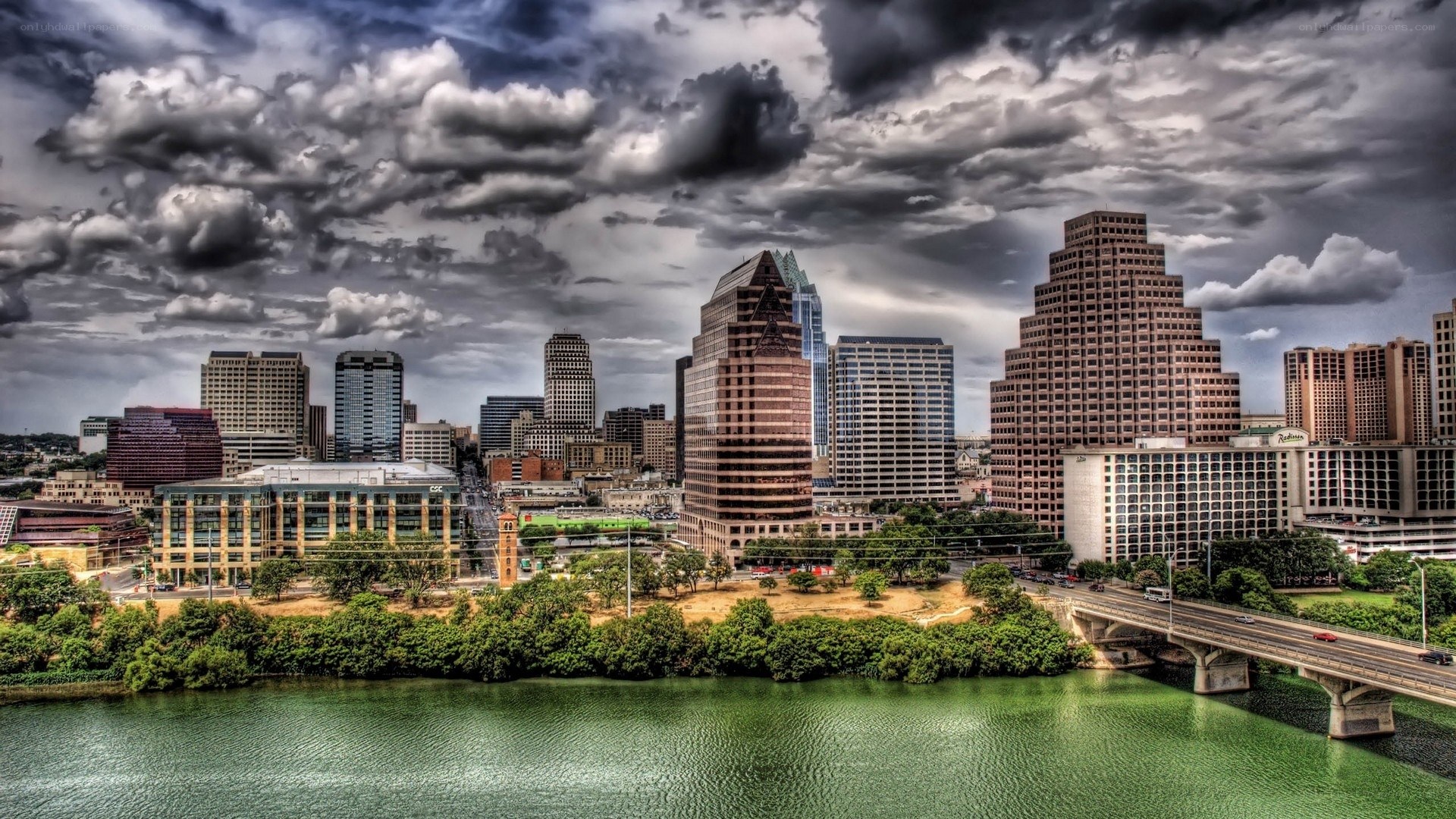 Austin skyline under stormy sky