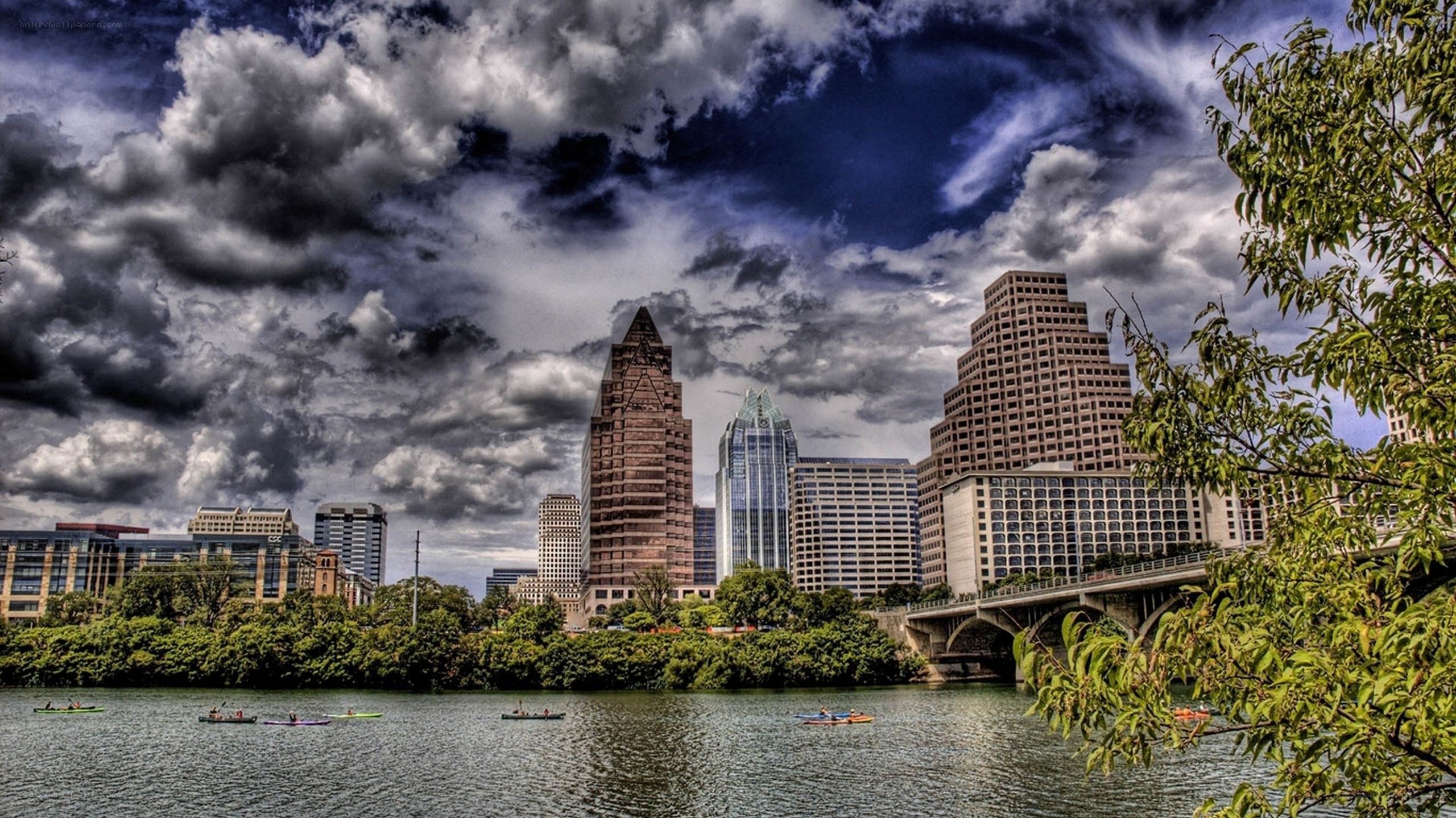 Austin skyline with kayakers