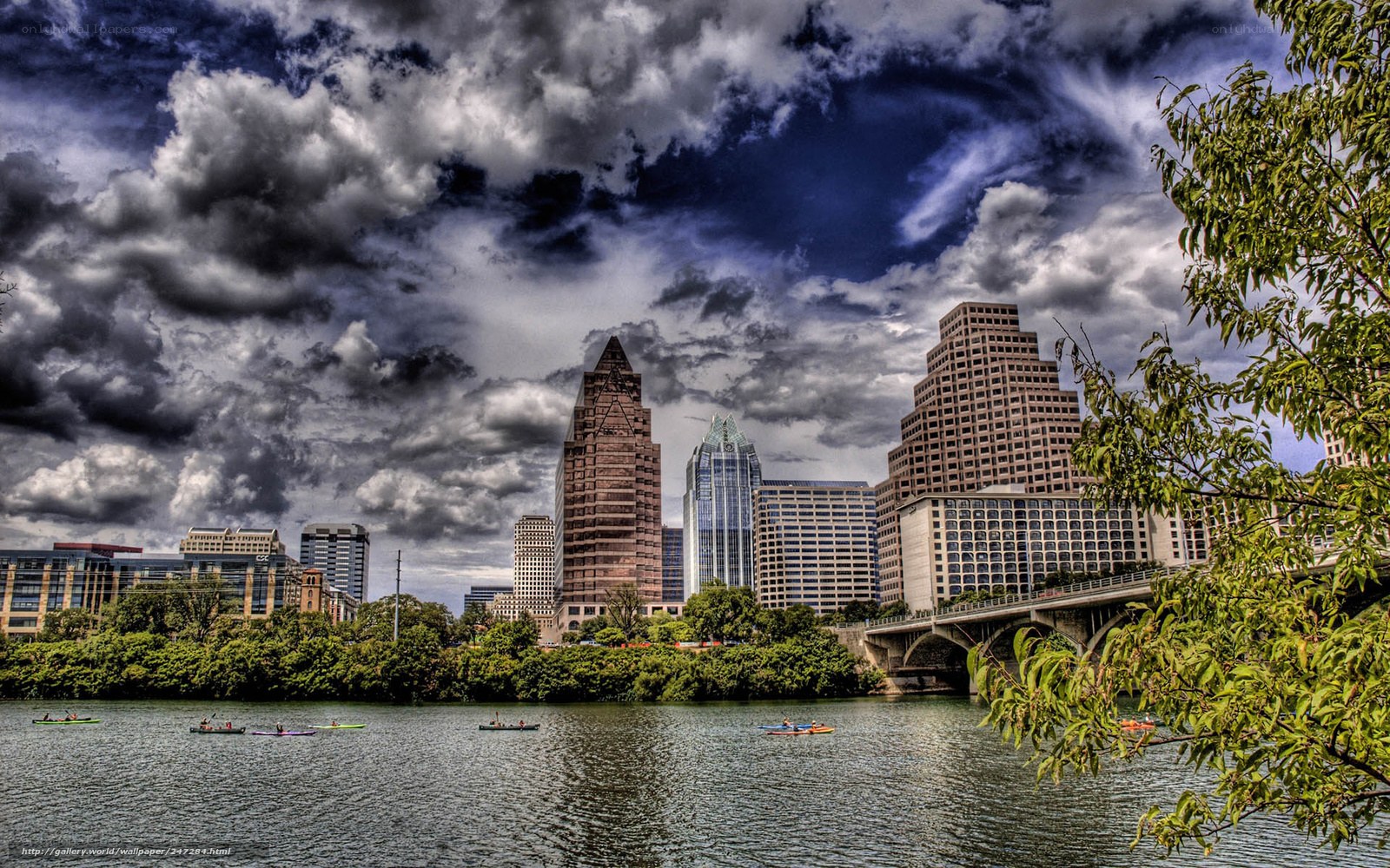 Austin skyline with kayakers