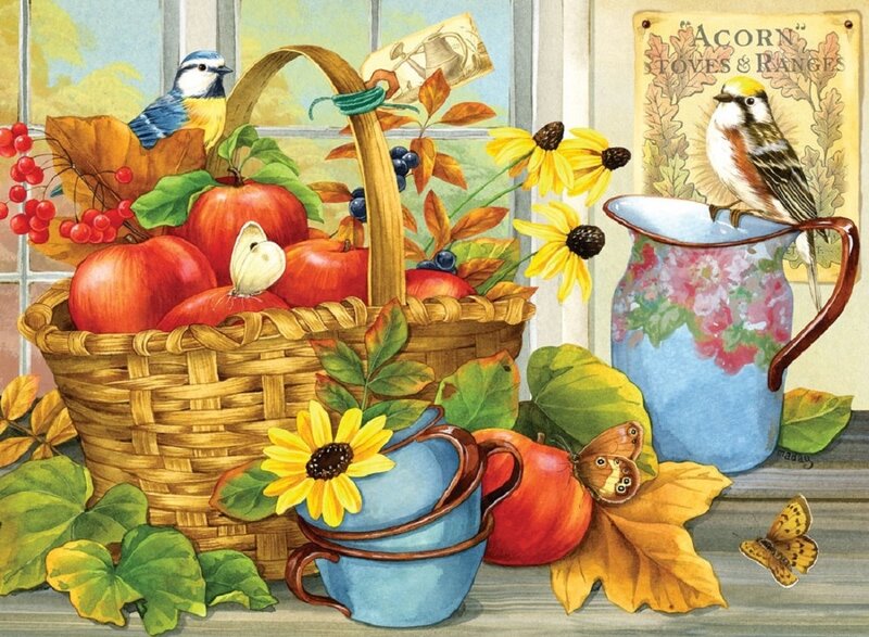 Autumn Basket with Birds — Blue