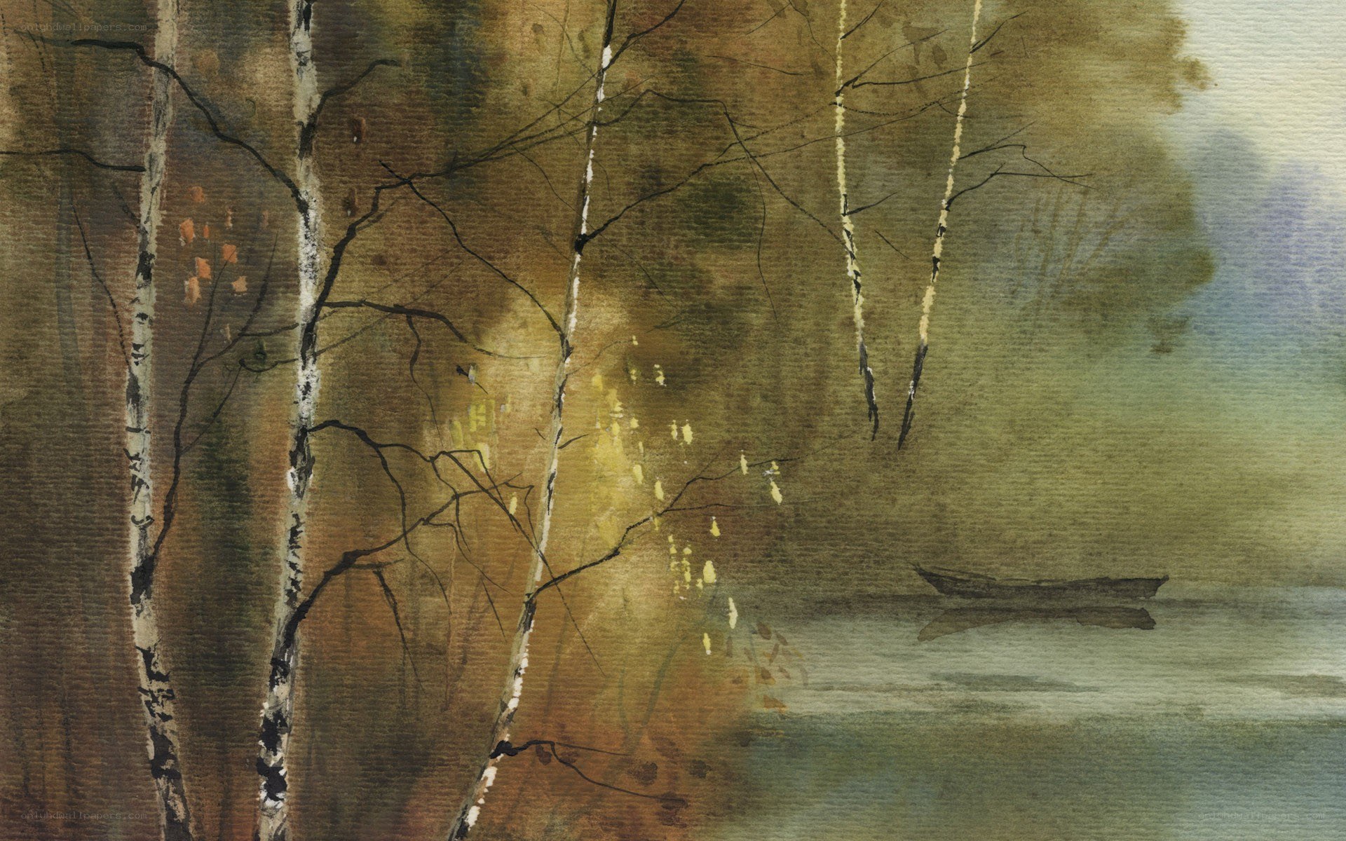 Autumn birch trees by a lake