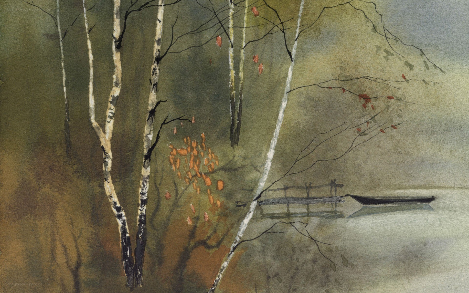 Autumn birch trees by a lake