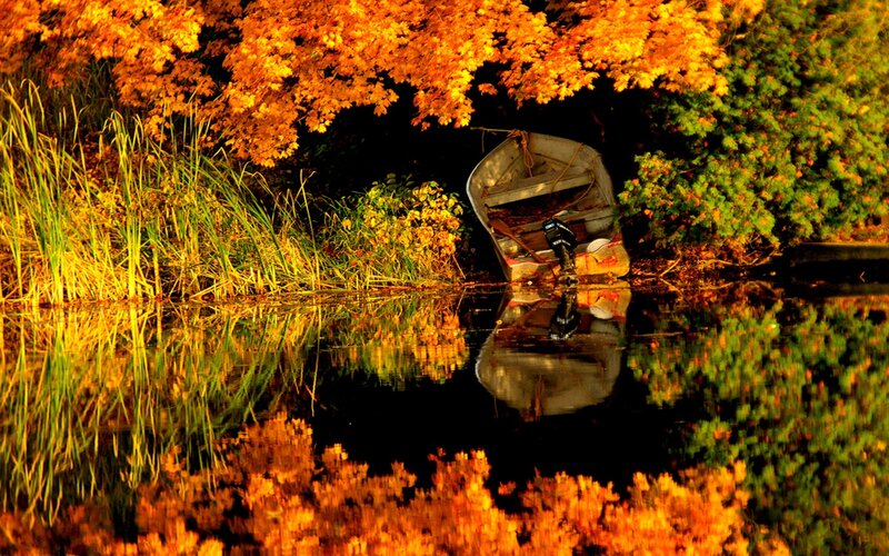 Autumn boat on a calm lake
